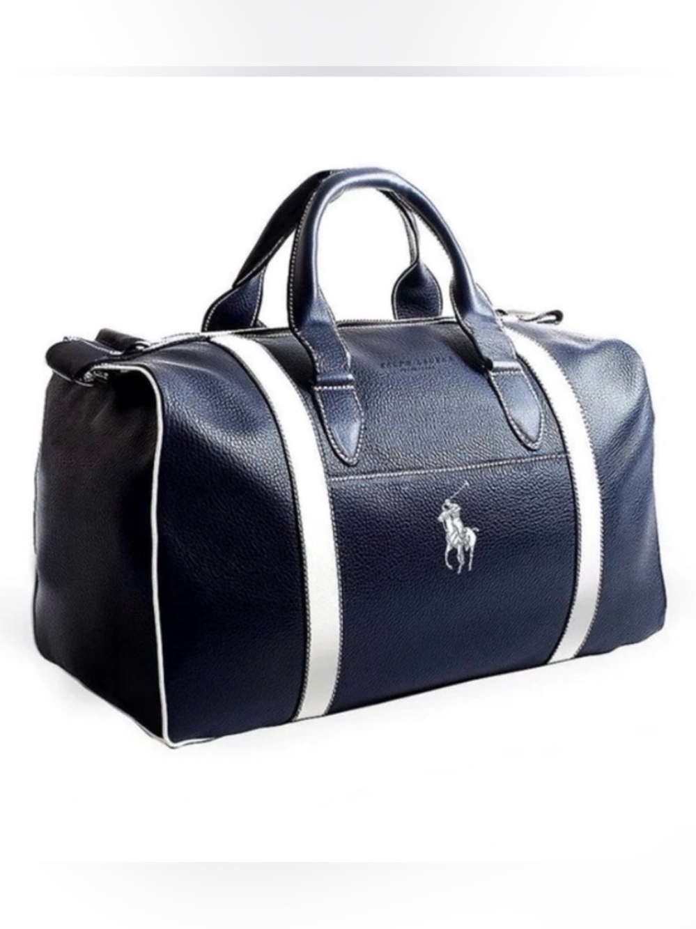Polo by Ralph Lauren Navy with White Stripe PU Leather Duffel Bag